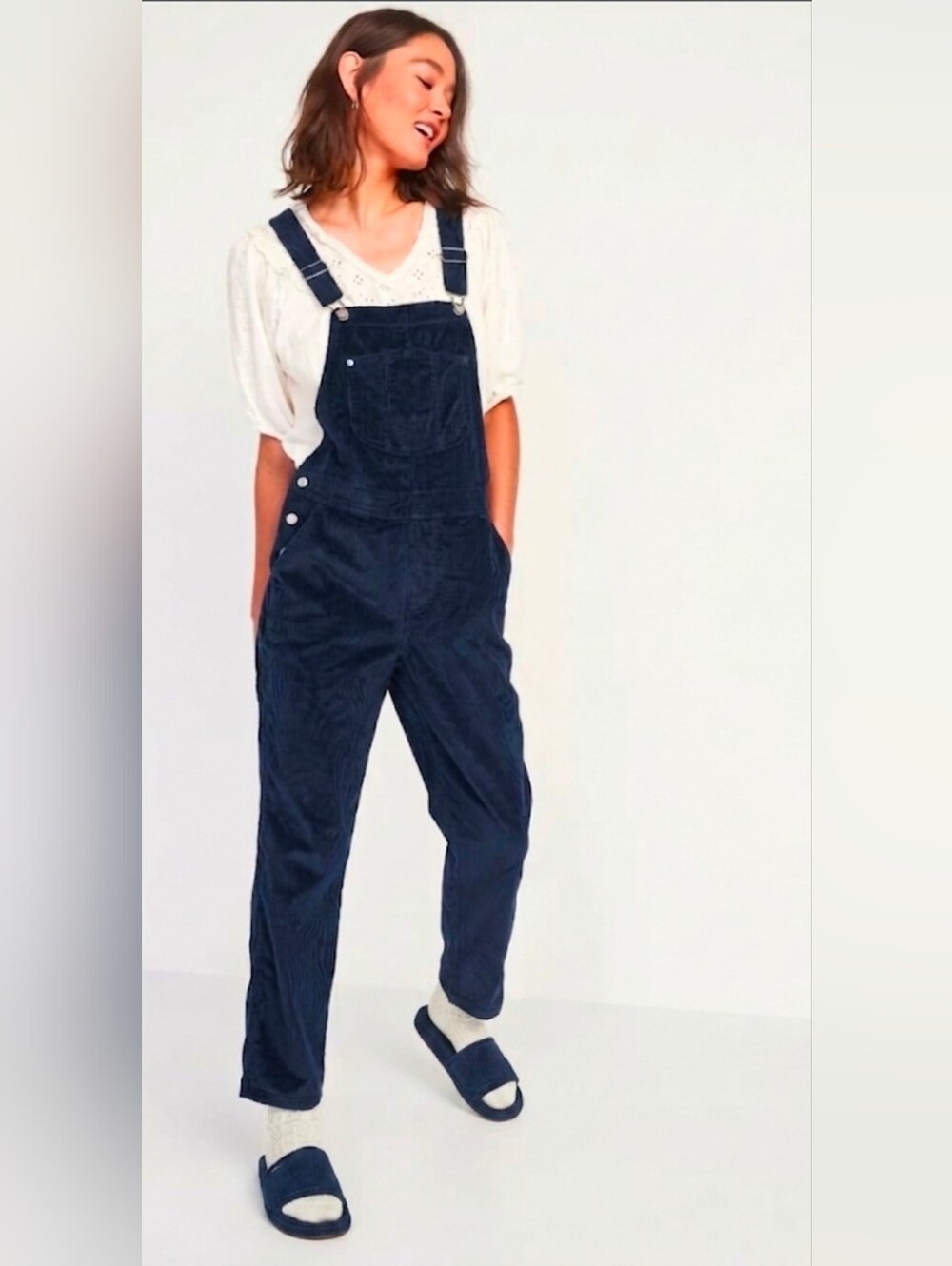Old Navy Slouchy Straight Corduroy Overalls Navy Blue Workwear Women’s 12 Tall